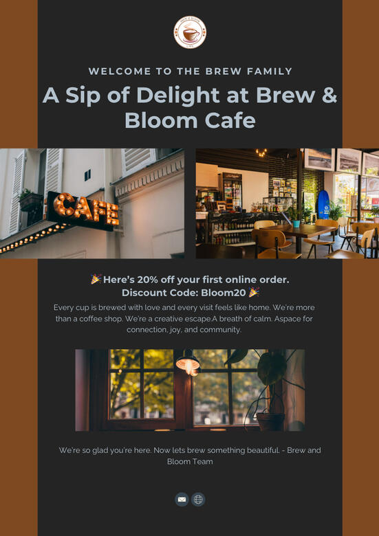 Screenshot of Brew & Bloom welcome email offering 20% off, designed in Canva. Features warm tone, product imagery, clear CTA, and mobile-optimized layout.