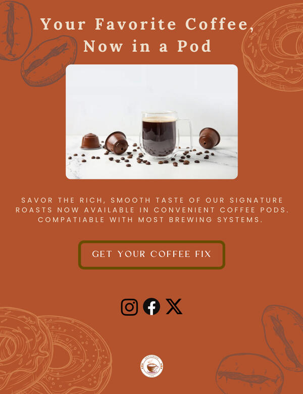 Coffee pod launch email design featuring rich espresso imagery and strong CTA. Designed in Canva.