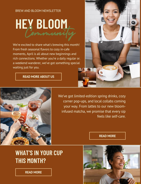 Email newsletter from Brew & Bloom featuring seasonal drinks, community updates, and limited-time events with vibrant cafe visuals.