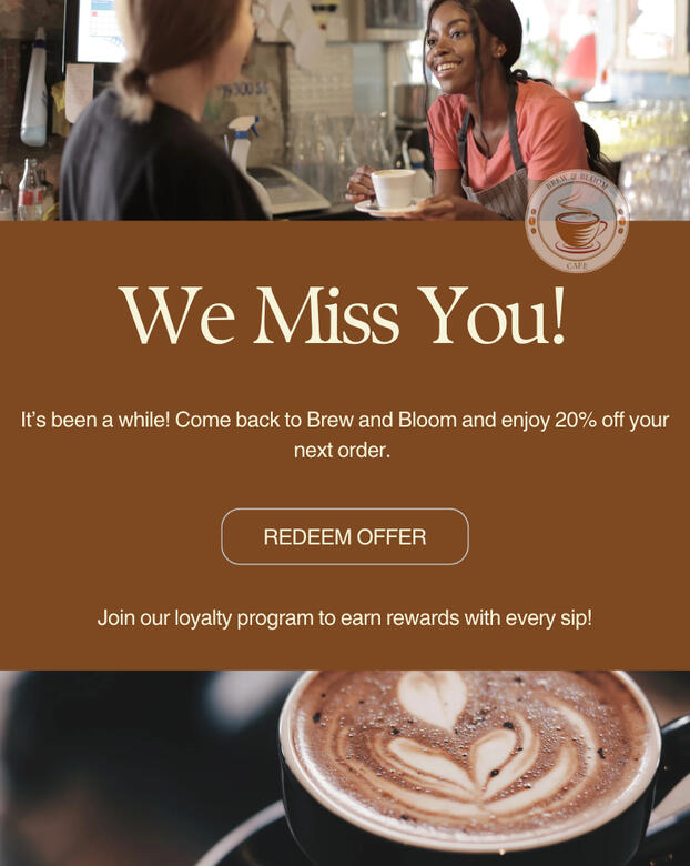 Win-back email design offering 20% off with friendly barista imagery and loyalty program call-to-action.