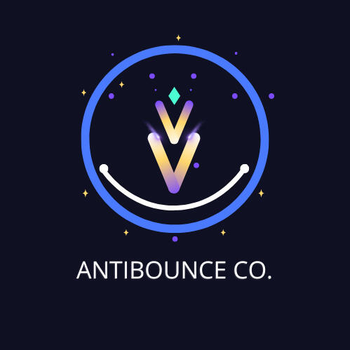 Antibounce Co. logo — a circular badge design with a stylized “V” shaped inbox signal icon in the center, surrounded by a bold dark ring and blue outer ring, representing email precision, protection, and clarity.